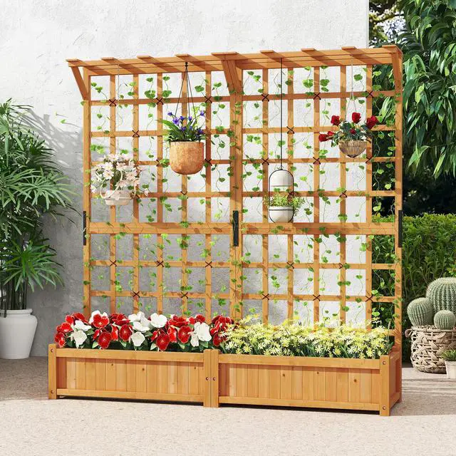 Alt view image 3 of 7 - SlickBlue 71 Inches Large Wooden Planter Container with Trellis and Hanging Roof