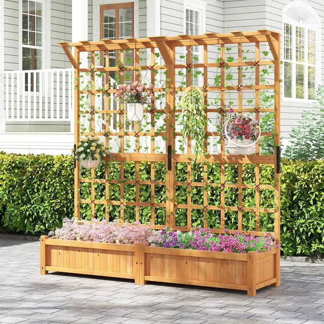 Alt view image 6 of 7 - SlickBlue 71 Inches Large Wooden Planter Container with Trellis and Hanging Roof