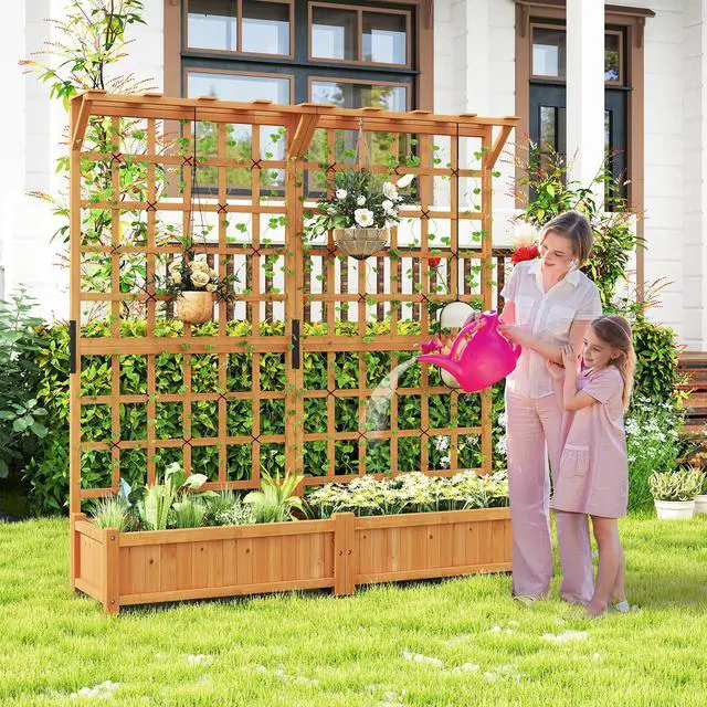 Alt view image 2 of 7 - SlickBlue 71 Inches Large Wooden Planter Container with Trellis and Hanging Roof