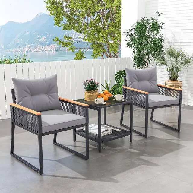 Alt view image 2 of 7 - SlickBlue 3 Pieces Patio Furniture Set with 2 Tier Coffee Table and Soft Seat Cushions