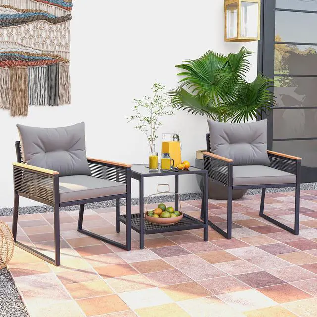 Alt view image 3 of 7 - SlickBlue 3 Pieces Patio Furniture Set with 2 Tier Coffee Table and Soft Seat Cushions