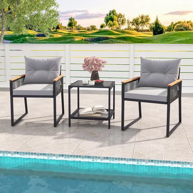 Alt view image 6 of 7 - SlickBlue 3 Pieces Patio Furniture Set with 2 Tier Coffee Table and Soft Seat Cushions