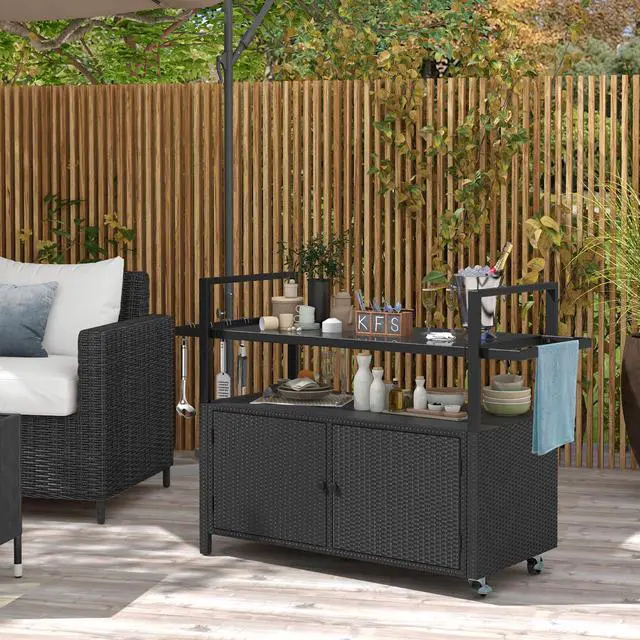 Alt view image 2 of 7 - SlickBlue Outdoor Bar Cart Wicker Buffet Serving Cart with Cabinet and 8 Hooks