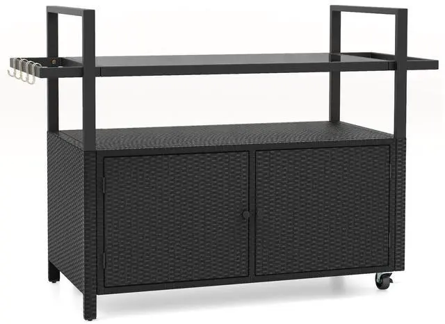 Main image of SlickBlue Outdoor Bar Cart Wicker Buffet Serving Cart with Cabinet and 8 Hooks