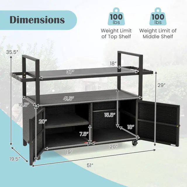 Alt view image 5 of 7 - SlickBlue Outdoor Bar Cart Wicker Buffet Serving Cart with Cabinet and 8 Hooks