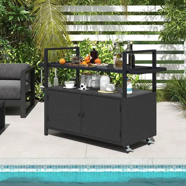 Alt view image 6 of 7 - SlickBlue Outdoor Bar Cart Wicker Buffet Serving Cart with Cabinet and 8 Hooks