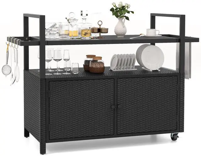 Alt view image 4 of 7 - SlickBlue Outdoor Bar Cart Wicker Buffet Serving Cart with Cabinet and 8 Hooks