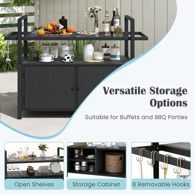 Alt view image 7 of 7 - SlickBlue Outdoor Bar Cart Wicker Buffet Serving Cart with Cabinet and 8 Hooks