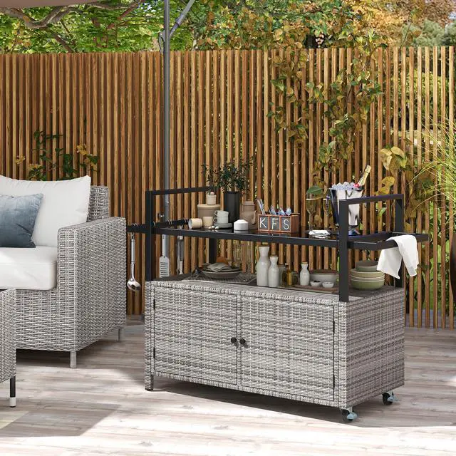 Alt view image 2 of 7 - SlickBlue Outdoor Bar Cart Wicker Buffet Serving Cart with Cabinet and 8 Hooks