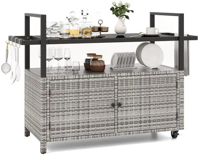 Alt view image 4 of 7 - SlickBlue Outdoor Bar Cart Wicker Buffet Serving Cart with Cabinet and 8 Hooks
