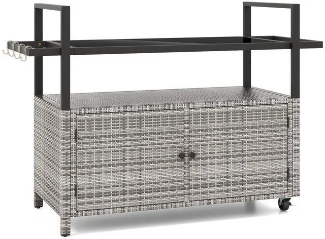 Main image of SlickBlue Outdoor Bar Cart Wicker Buffet Serving Cart with Cabinet and 8 Hooks