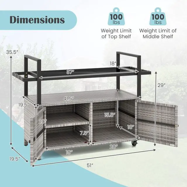 Alt view image 5 of 7 - SlickBlue Outdoor Bar Cart Wicker Buffet Serving Cart with Cabinet and 8 Hooks