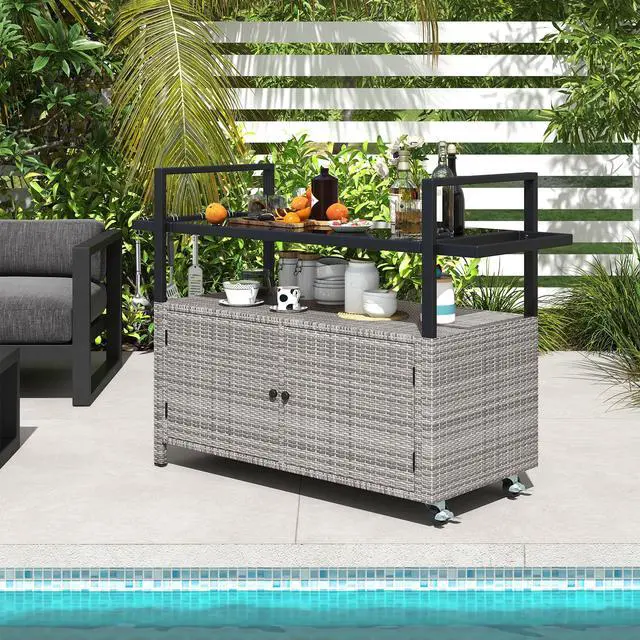 Alt view image 6 of 7 - SlickBlue Outdoor Bar Cart Wicker Buffet Serving Cart with Cabinet and 8 Hooks