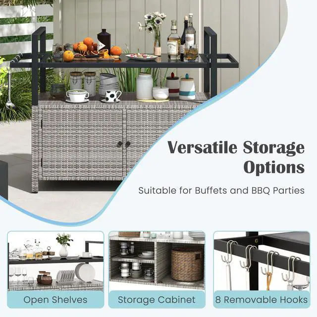 Alt view image 7 of 7 - SlickBlue Outdoor Bar Cart Wicker Buffet Serving Cart with Cabinet and 8 Hooks