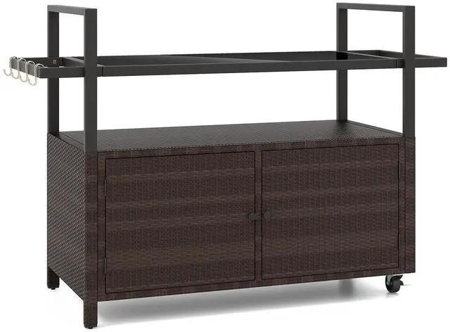 Main image of SlickBlue Outdoor Bar Cart Wicker Buffet Serving Cart with Cabinet and 8 Hooks