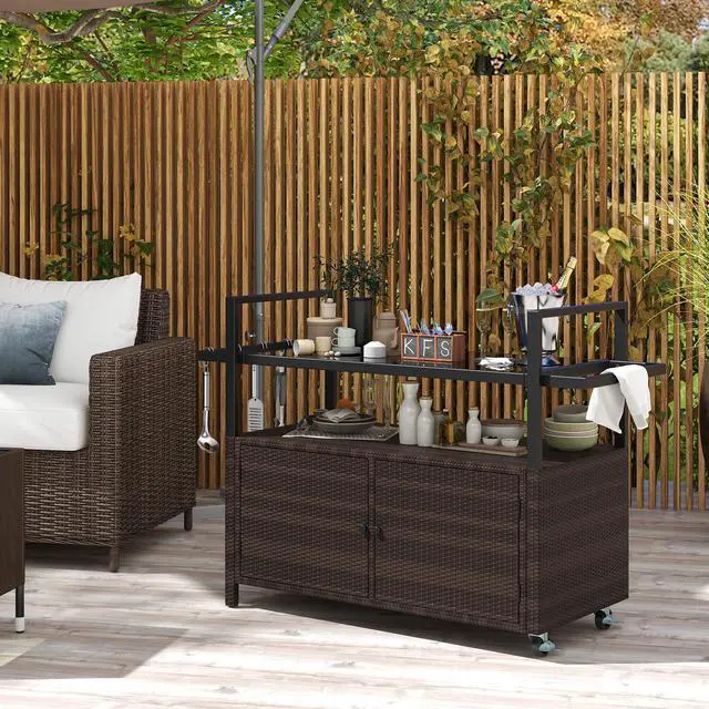 Alt view image 2 of 7 - SlickBlue Outdoor Bar Cart Wicker Buffet Serving Cart with Cabinet and 8 Hooks