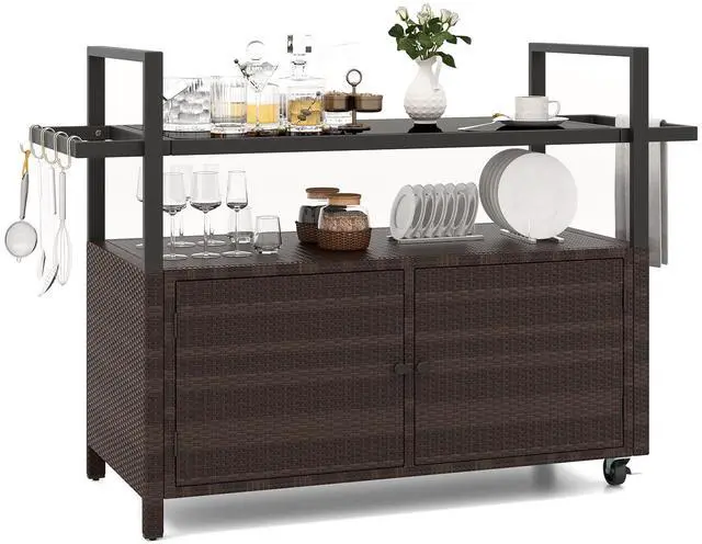 Alt view image 4 of 7 - SlickBlue Outdoor Bar Cart Wicker Buffet Serving Cart with Cabinet and 8 Hooks