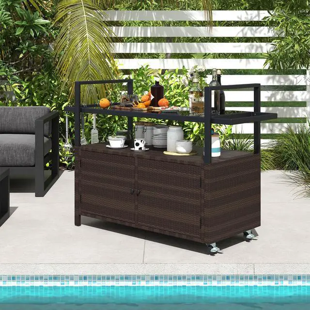 Alt view image 6 of 7 - SlickBlue Outdoor Bar Cart Wicker Buffet Serving Cart with Cabinet and 8 Hooks