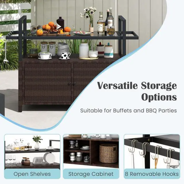 Alt view image 7 of 7 - SlickBlue Outdoor Bar Cart Wicker Buffet Serving Cart with Cabinet and 8 Hooks