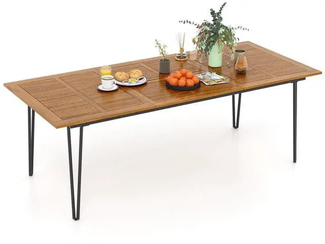 Alt view image 4 of 7 - SlickBlue 86.5 Inch Rectangular Patio Dining Table for 8 with Acacia Wood Tabletop and Umbrella Hole