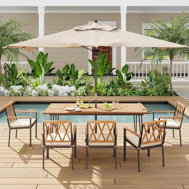 Alt view image 2 of 7 - SlickBlue 86.5 Inch Rectangular Patio Dining Table for 8 with Acacia Wood Tabletop and Umbrella Hole