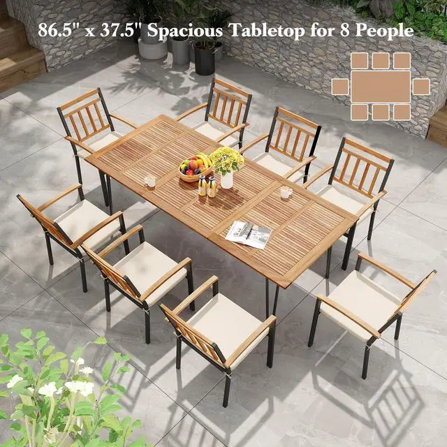 Alt view image 6 of 7 - SlickBlue 86.5 Inch Rectangular Patio Dining Table for 8 with Acacia Wood Tabletop and Umbrella Hole
