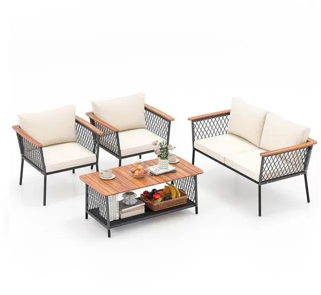 Main image of SlickBlue 4 Piece Patio Rattan Furniture Set with 2-Tier Coffee Table