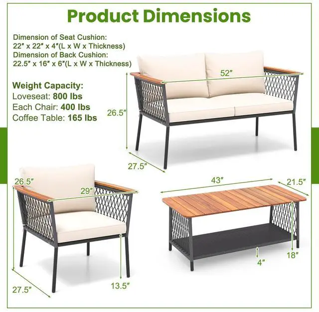 Alt view image 5 of 7 - SlickBlue 4 Piece Patio Rattan Furniture Set with 2-Tier Coffee Table