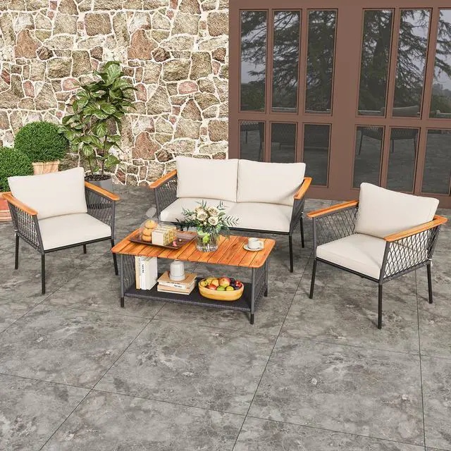 Alt view image 2 of 7 - SlickBlue 4 Piece Patio Rattan Furniture Set with 2-Tier Coffee Table