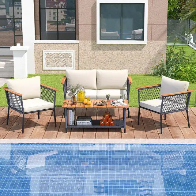Alt view image 6 of 7 - SlickBlue 4 Piece Patio Rattan Furniture Set with 2-Tier Coffee Table