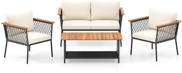 Alt view image 4 of 7 - SlickBlue 4 Piece Patio Rattan Furniture Set with 2-Tier Coffee Table