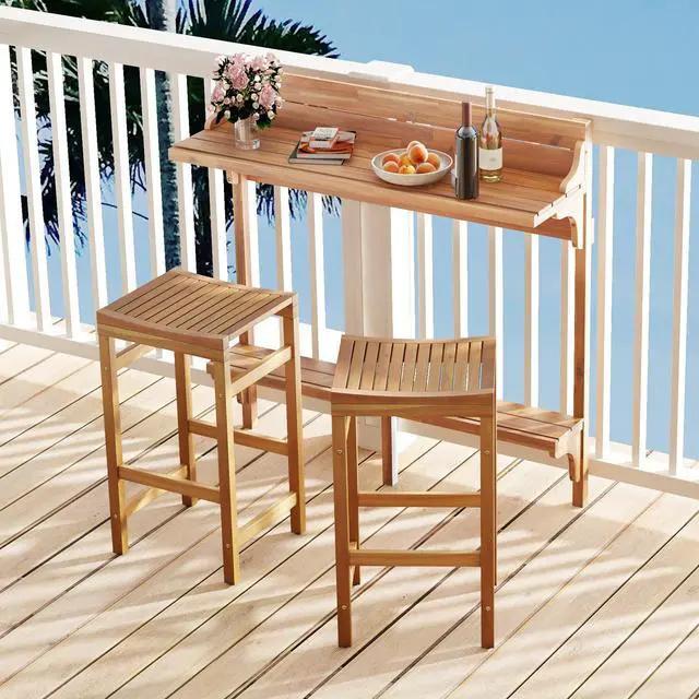 Alt view image 2 of 7 - SlickBlue 3 Pieces Patio Acacia Wood Bar Table Set with Footrest Curved Wood Seat