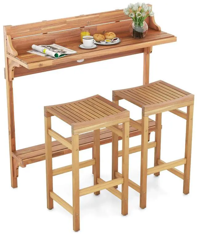 Alt view image 4 of 7 - SlickBlue 3 Pieces Patio Acacia Wood Bar Table Set with Footrest Curved Wood Seat