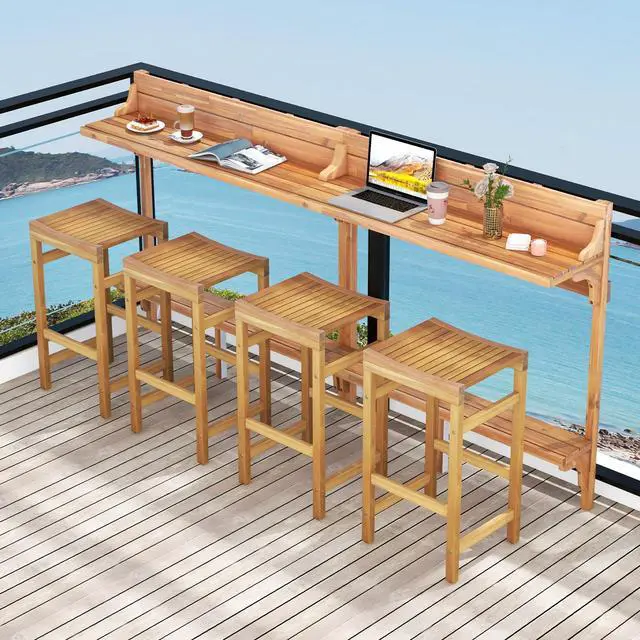 Alt view image 3 of 7 - SlickBlue 3 Pieces Patio Acacia Wood Bar Table Set with Footrest Curved Wood Seat