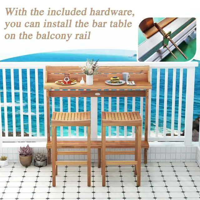 Alt view image 7 of 7 - SlickBlue 3 Pieces Patio Acacia Wood Bar Table Set with Footrest Curved Wood Seat