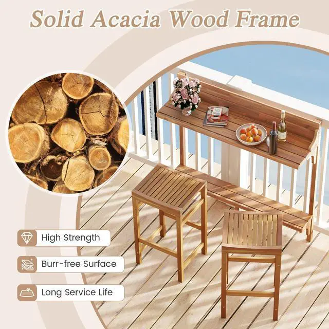Alt view image 6 of 7 - SlickBlue 3 Pieces Patio Acacia Wood Bar Table Set with Footrest Curved Wood Seat