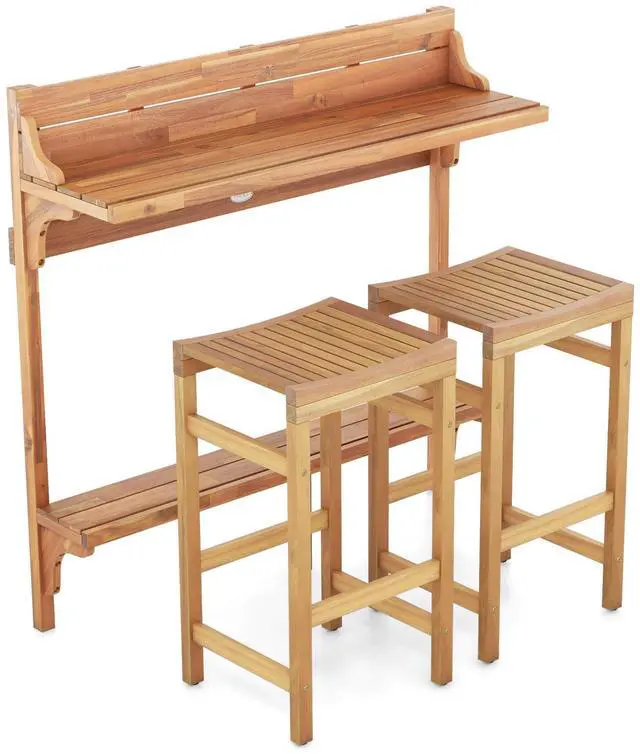 Main image of SlickBlue 3 Pieces Patio Acacia Wood Bar Table Set with Footrest Curved Wood Seat