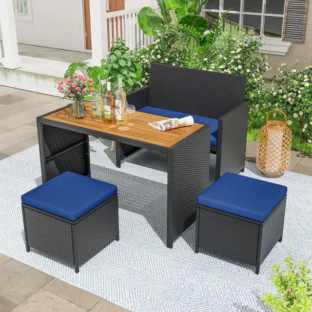 Alt view image 2 of 7 - SlickBlue 4 Piece Outdoor Dining Set with Wood Topped Dining Table  Rattan Loveseat Chair and 2 Ottomans