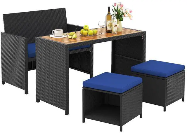 Alt view image 4 of 7 - SlickBlue 4 Piece Outdoor Dining Set with Wood Topped Dining Table  Rattan Loveseat Chair and 2 Ottomans
