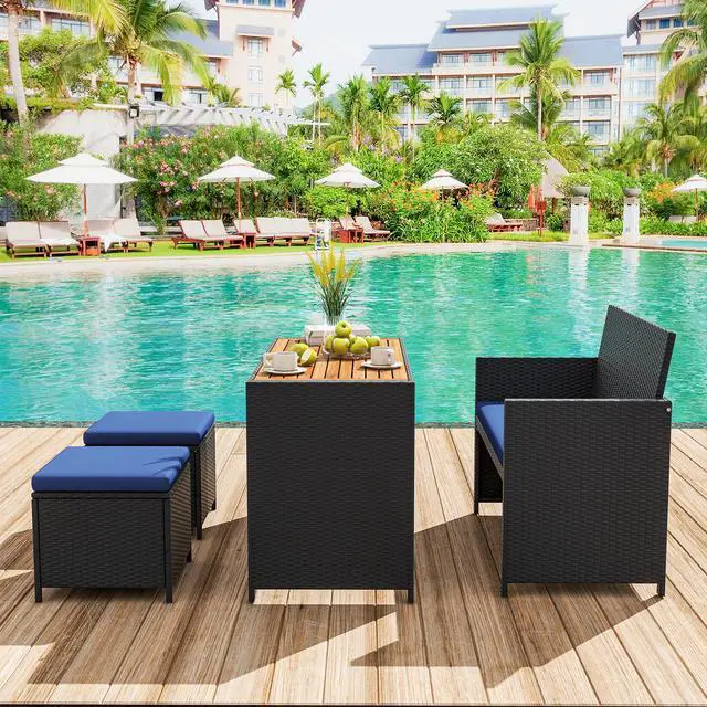 Alt view image 3 of 7 - SlickBlue 4 Piece Outdoor Dining Set with Wood Topped Dining Table  Rattan Loveseat Chair and 2 Ottomans