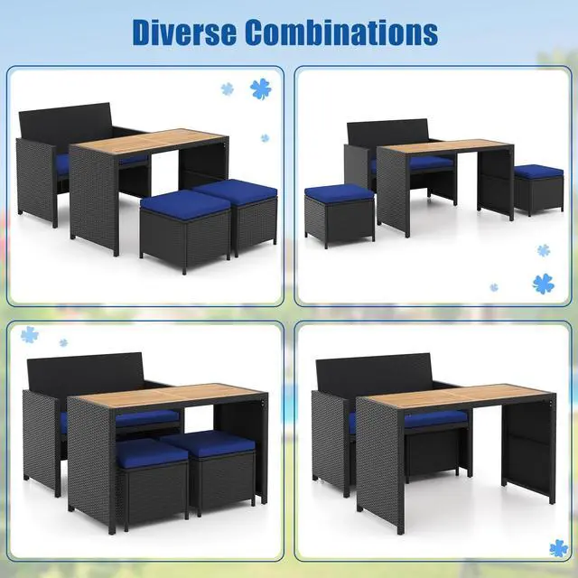 Alt view image 7 of 7 - SlickBlue 4 Piece Outdoor Dining Set with Wood Topped Dining Table  Rattan Loveseat Chair and 2 Ottomans
