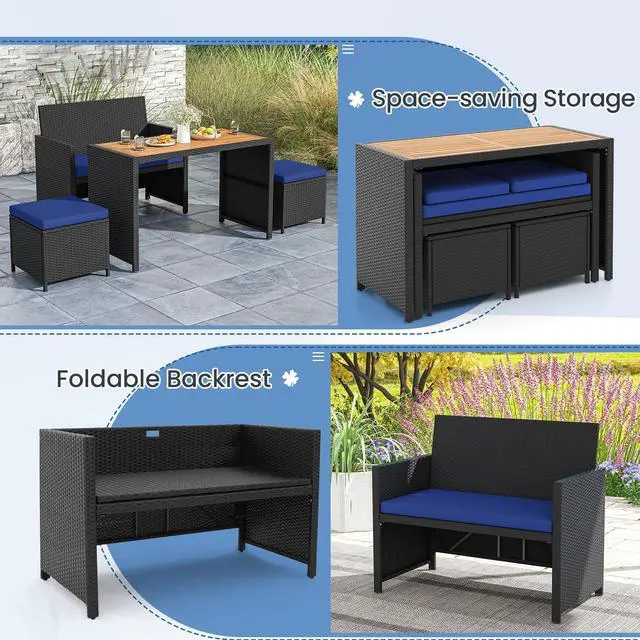 Alt view image 6 of 7 - SlickBlue 4 Piece Outdoor Dining Set with Wood Topped Dining Table  Rattan Loveseat Chair and 2 Ottomans