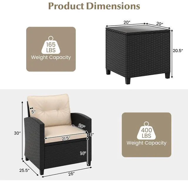Alt view image 5 of 7 - SlickBlue 3 Pieces Patio Furniture Set with Tempered Glass Coffee Table