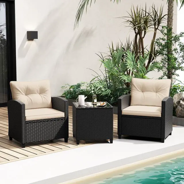 Alt view image 2 of 7 - SlickBlue 3 Pieces Patio Furniture Set with Tempered Glass Coffee Table