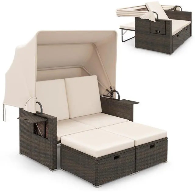 Alt view image 4 of 7 - SlickBlue Outdoor Patio Rattan Daybed with Retractable Canopy and Adjustable Backrests