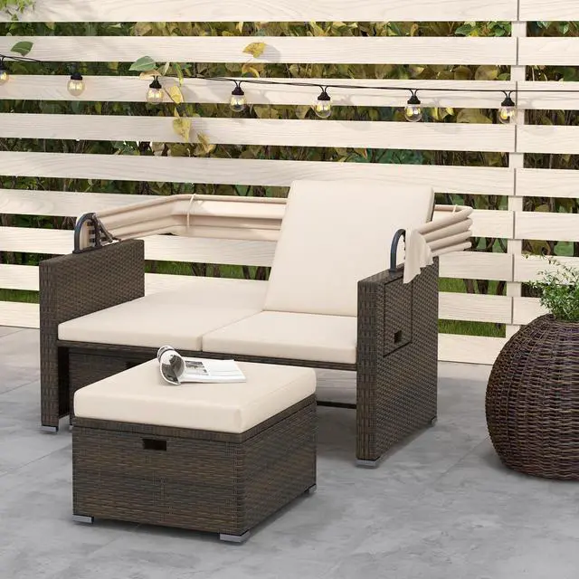 Alt view image 3 of 7 - SlickBlue Outdoor Patio Rattan Daybed with Retractable Canopy and Adjustable Backrests