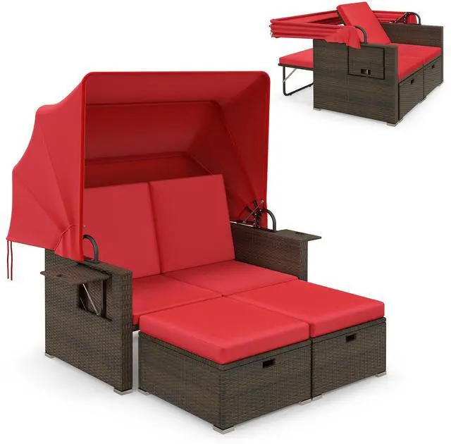 Alt view image 4 of 7 - SlickBlue Outdoor Patio Rattan Daybed with Retractable Canopy and Adjustable Backrests