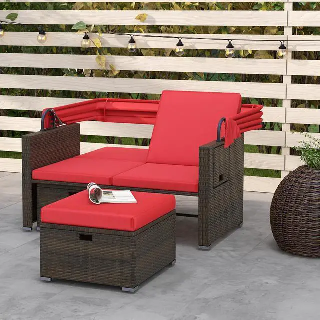 Alt view image 3 of 7 - SlickBlue Outdoor Patio Rattan Daybed with Retractable Canopy and Adjustable Backrests