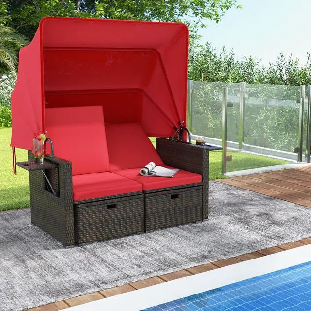 Alt view image 2 of 7 - SlickBlue Outdoor Patio Rattan Daybed with Retractable Canopy and Adjustable Backrests