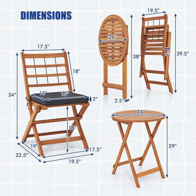 Alt view image 3 of 7 - SlickBlue 3 Pieces Acacia Wood Patio Bistro Set with Cushions